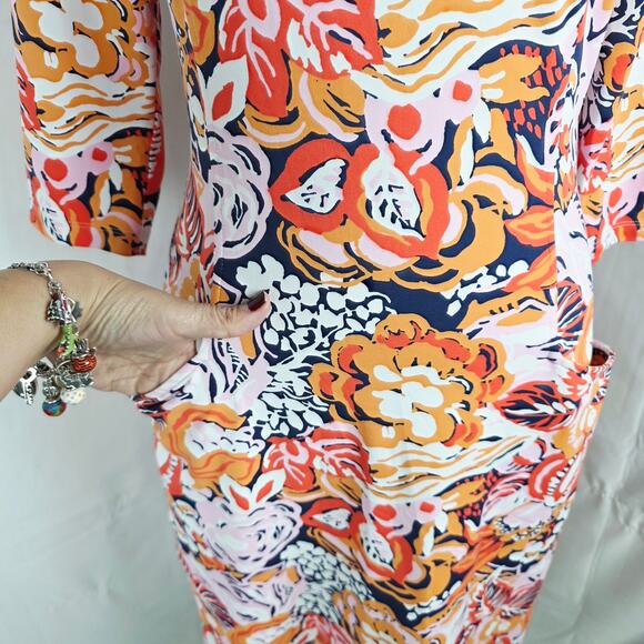 J.McLaughlin Multicolor Floral Shift Dress XS 3/4 Sleeve Stretch Knit w/ Pockets - Picture 5 of 13